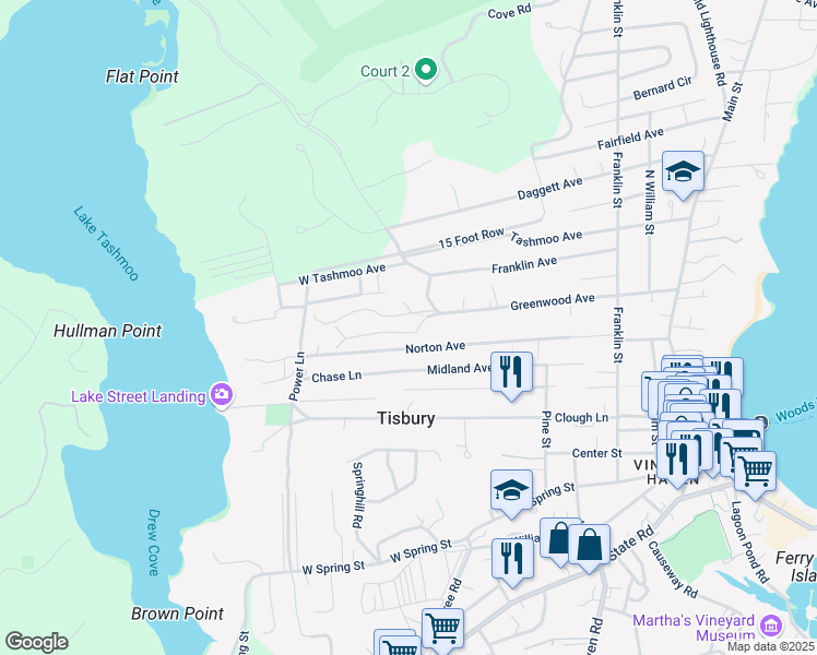 map of restaurants, bars, coffee shops, grocery stores, and more near 271 Greenwood Avenue in Tisbury