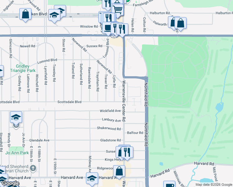 map of restaurants, bars, coffee shops, grocery stores, and more near 3715 Lytle Road in Shaker Heights