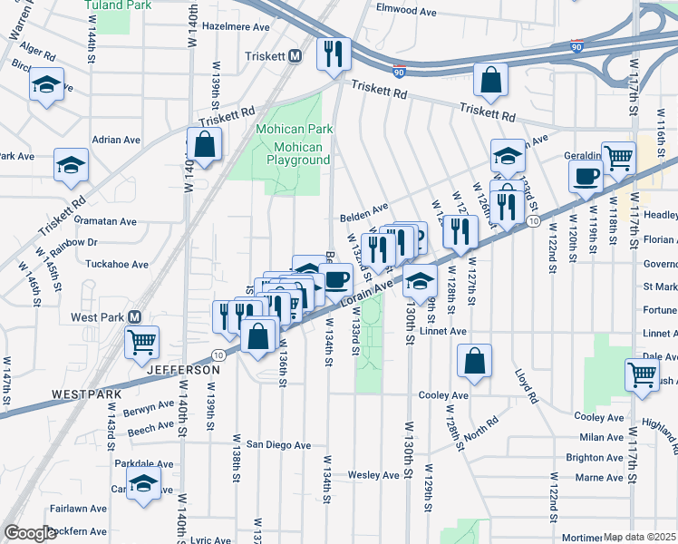 map of restaurants, bars, coffee shops, grocery stores, and more near 3448 W 133rd St in Cleveland