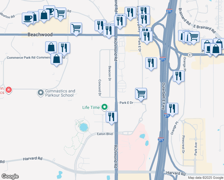 map of restaurants, bars, coffee shops, grocery stores, and more near 3743 Beacon Drive in Beachwood