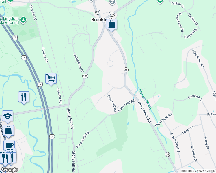 map of restaurants, bars, coffee shops, grocery stores, and more near 8 White Pine Drive in Brookfield