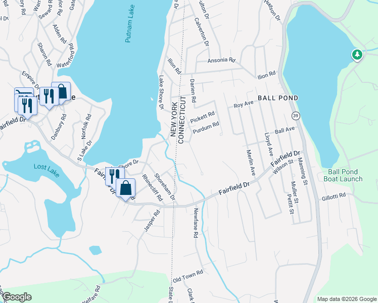 map of restaurants, bars, coffee shops, grocery stores, and more near 10 Albion Road in New Fairfield