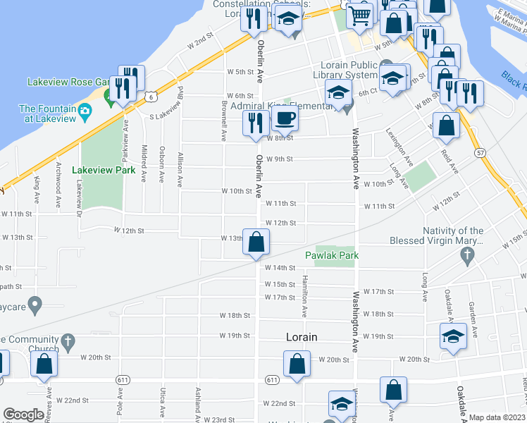 map of restaurants, bars, coffee shops, grocery stores, and more near 1119 Oberlin Avenue in Lorain