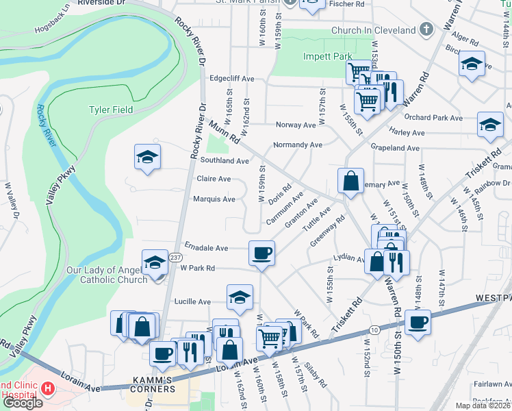 map of restaurants, bars, coffee shops, grocery stores, and more near 3448 W 159th St in Cleveland