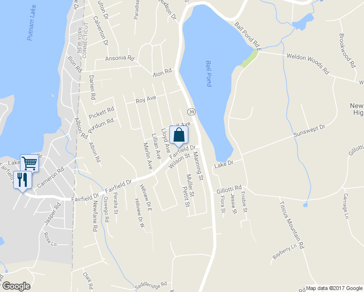 map of restaurants, bars, coffee shops, grocery stores, and more near 2 Curtis Avenue in New Fairfield