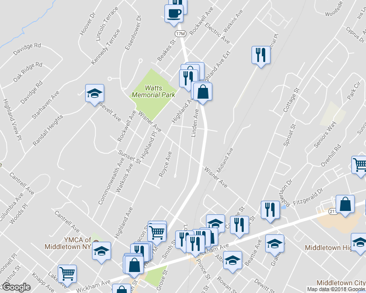 map of restaurants, bars, coffee shops, grocery stores, and more near 47 Wisner Avenue in Middletown