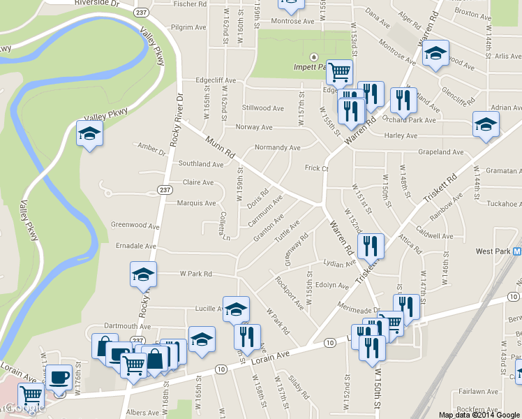 map of restaurants, bars, coffee shops, grocery stores, and more near 3480 Carrmunn Ave in Cleveland