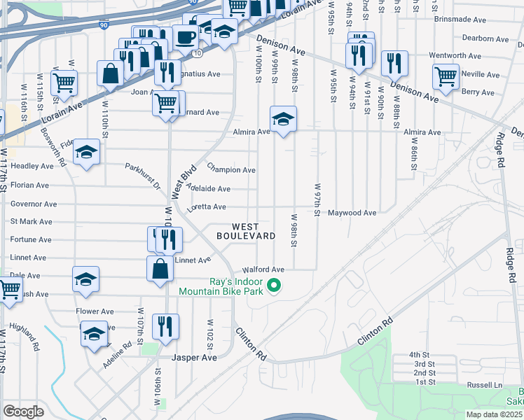 map of restaurants, bars, coffee shops, grocery stores, and more near 3483 West 100th Street in Cleveland