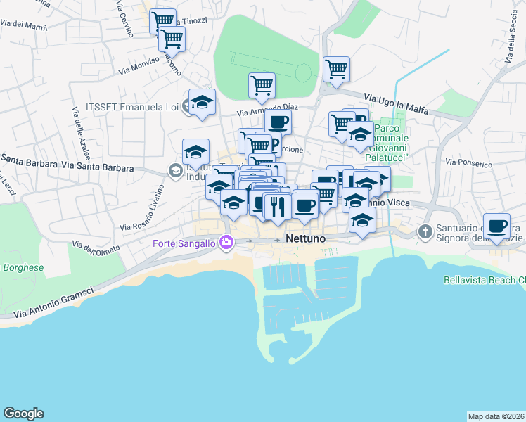 map of restaurants, bars, coffee shops, grocery stores, and more near 13 Via Vittorio Veneto in Nettuno