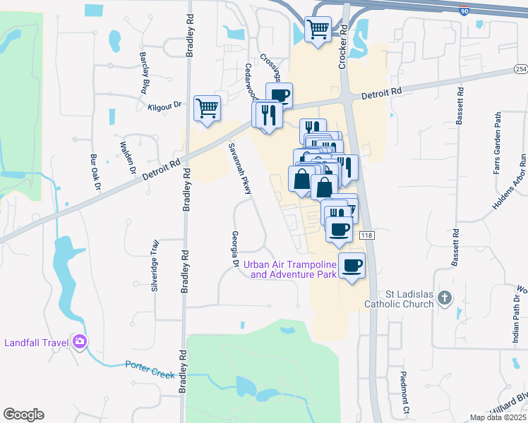 map of restaurants, bars, coffee shops, grocery stores, and more near 2071 Savannah Parkway in Westlake