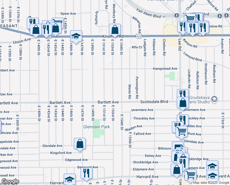 map of restaurants, bars, coffee shops, grocery stores, and more near 3709 East 153rd Street in Cleveland