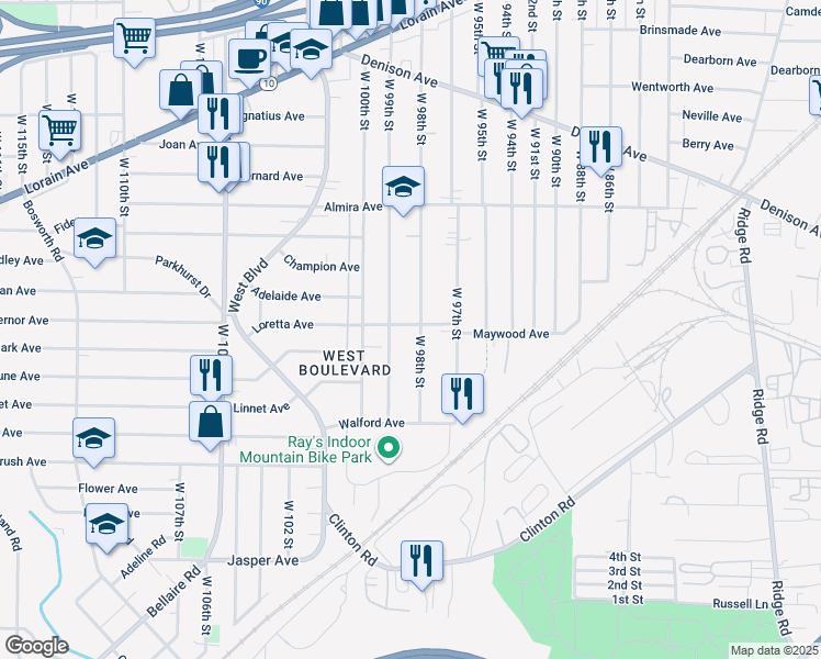 map of restaurants, bars, coffee shops, grocery stores, and more near 3496 West 98th Street in Cleveland