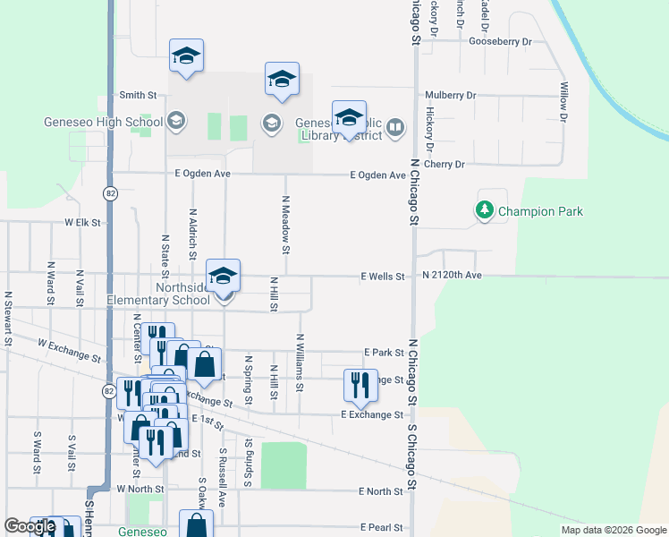 map of restaurants, bars, coffee shops, grocery stores, and more near 501-599 E Wells St in Geneseo
