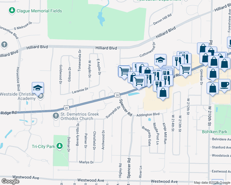 map of restaurants, bars, coffee shops, grocery stores, and more near 22232 River Walk in Rocky River