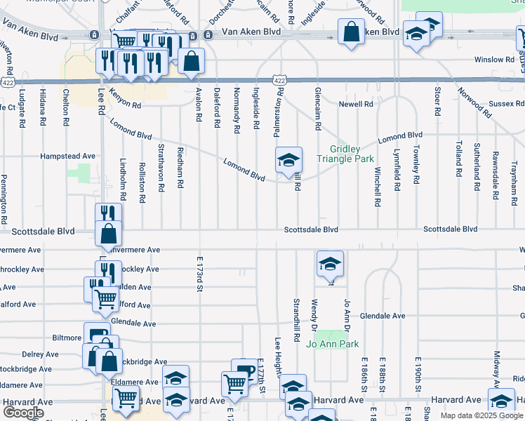 map of restaurants, bars, coffee shops, grocery stores, and more near 3715 Ingleside Road in Shaker Heights