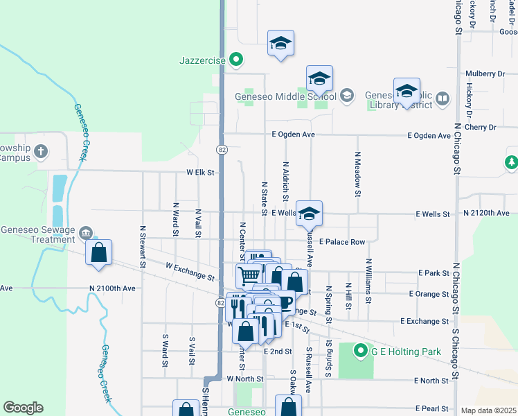 map of restaurants, bars, coffee shops, grocery stores, and more near 503 North State Street in Geneseo