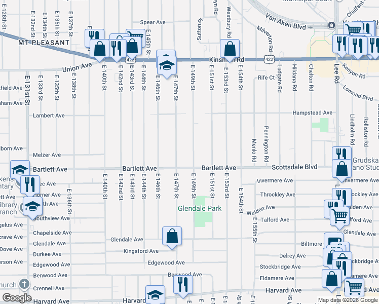 map of restaurants, bars, coffee shops, grocery stores, and more near 3714 East 149th Street in Cleveland