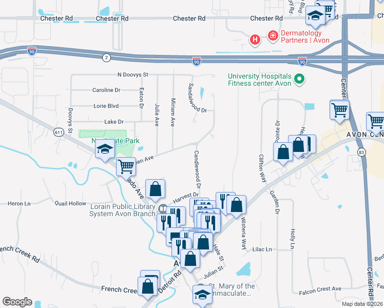 map of restaurants, bars, coffee shops, grocery stores, and more near 2220 Candlewood Drive in Avon