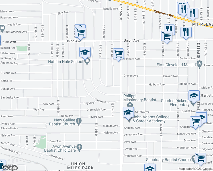 map of restaurants, bars, coffee shops, grocery stores, and more near 5220 East 113th Street in Cleveland
