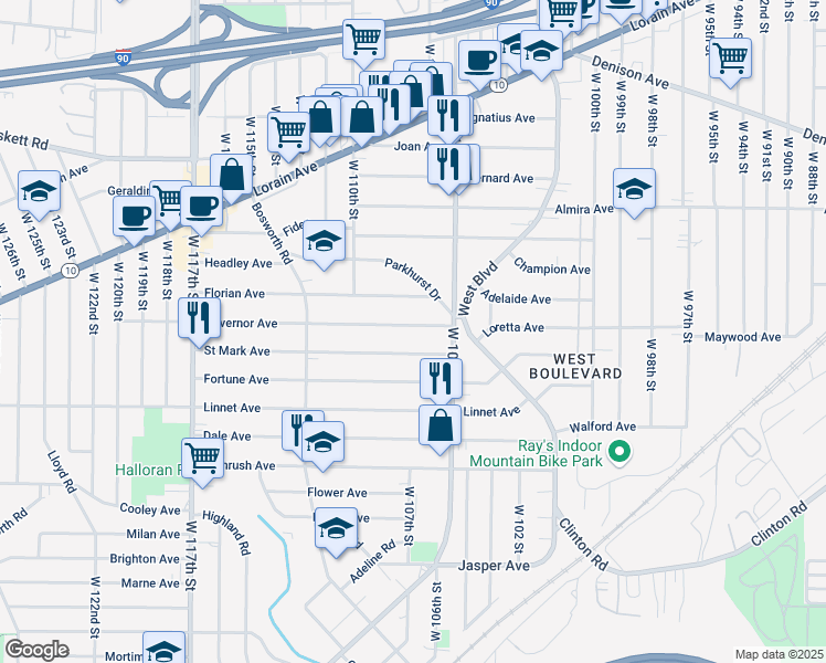 map of restaurants, bars, coffee shops, grocery stores, and more near 10625 Governor Avenue in Cleveland
