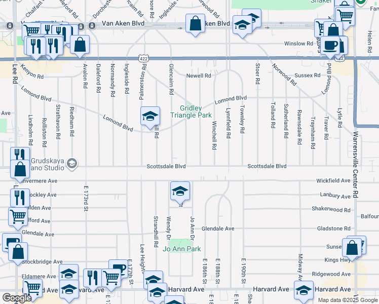 map of restaurants, bars, coffee shops, grocery stores, and more near 3713 Gridley Road in Shaker Heights