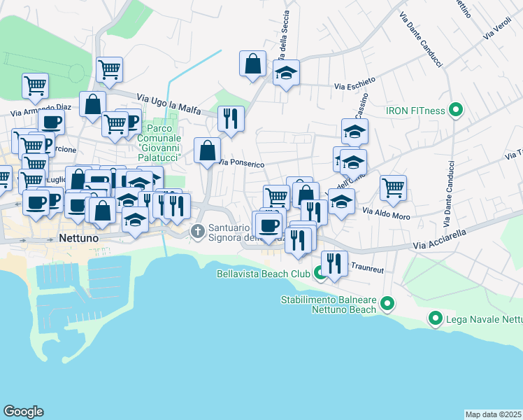 map of restaurants, bars, coffee shops, grocery stores, and more near 26 Via dei Pioppi in Nettuno