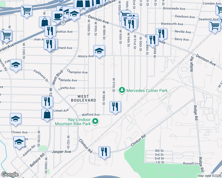map of restaurants, bars, coffee shops, grocery stores, and more near 9705 Loretta Avenue in Cleveland