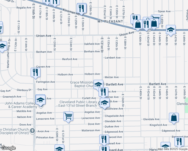 map of restaurants, bars, coffee shops, grocery stores, and more near 12900 Holborn Avenue in Cleveland