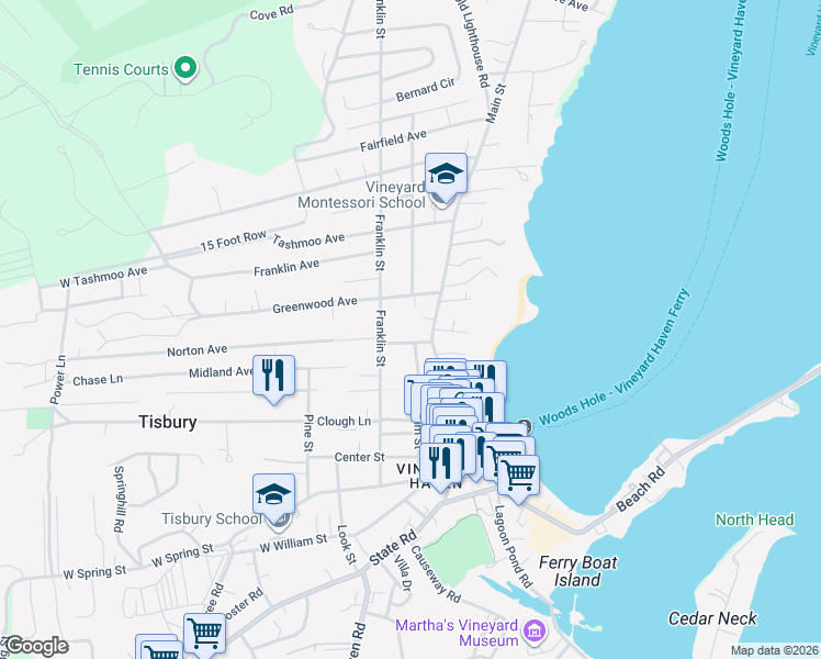map of restaurants, bars, coffee shops, grocery stores, and more near 33 Woodlawn Avenue in Tisbury