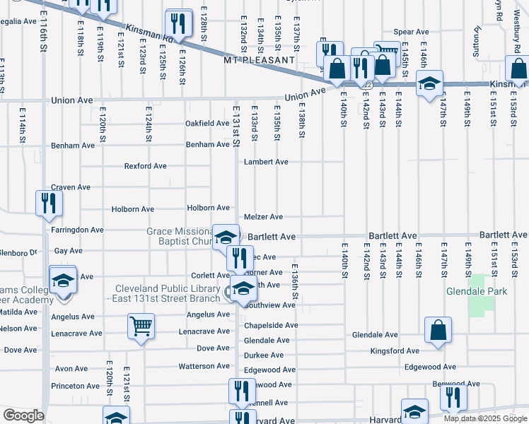 map of restaurants, bars, coffee shops, grocery stores, and more near 13311 Melzer Avenue in Cleveland