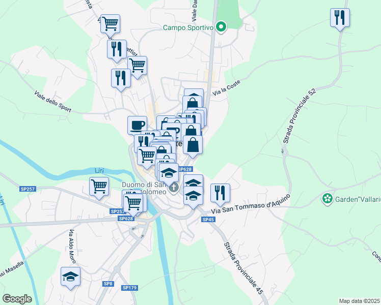 map of restaurants, bars, coffee shops, grocery stores, and more near 36 Strada Provinciale Leuciana in Pontecorvo