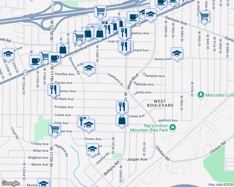map of restaurants, bars, coffee shops, grocery stores, and more near 10613 Governor Avenue in Cleveland