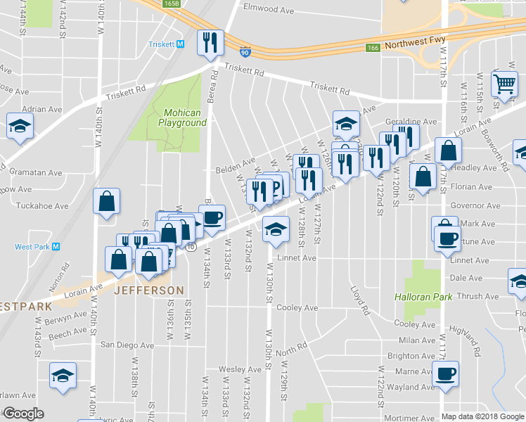 map of restaurants, bars, coffee shops, grocery stores, and more near 13032 Lorain Avenue in Cleveland