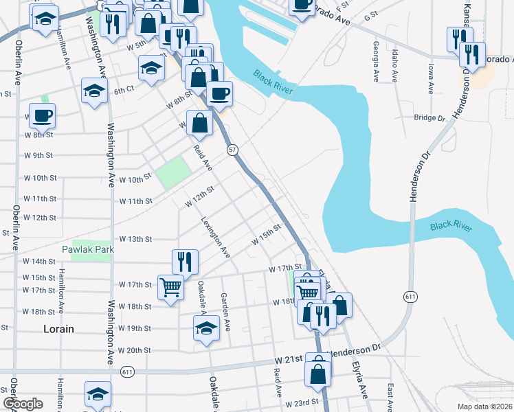map of restaurants, bars, coffee shops, grocery stores, and more near 204 West 14th Street in Lorain