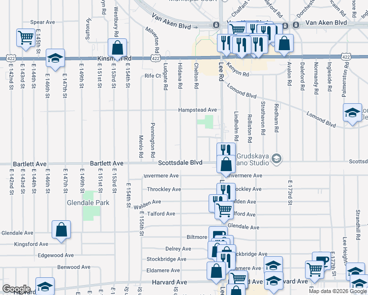 map of restaurants, bars, coffee shops, grocery stores, and more near 3709 Hildana Road in Shaker Heights