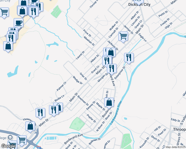 map of restaurants, bars, coffee shops, grocery stores, and more near 627 Main St in Dickson City