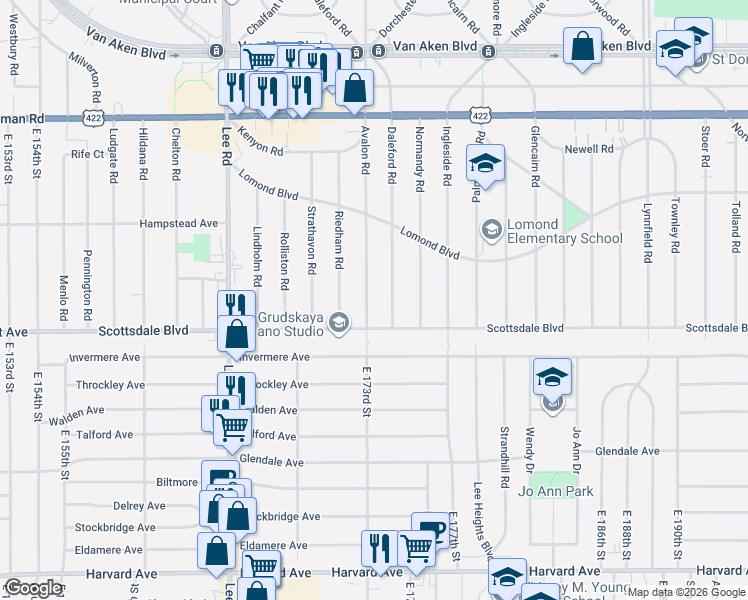 map of restaurants, bars, coffee shops, grocery stores, and more near 3718 Daleford Road in Shaker Heights