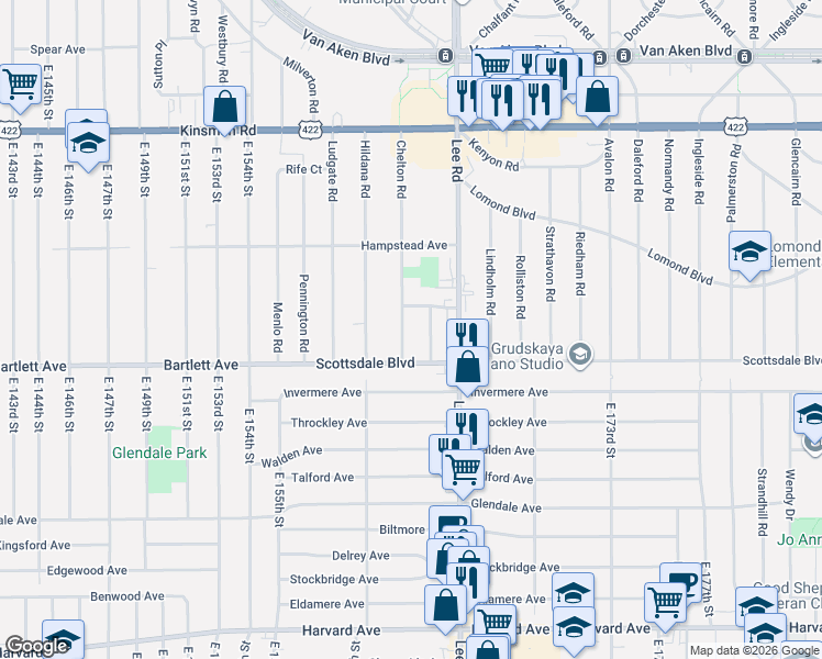 map of restaurants, bars, coffee shops, grocery stores, and more near 3715 Chelton Road in Shaker Heights