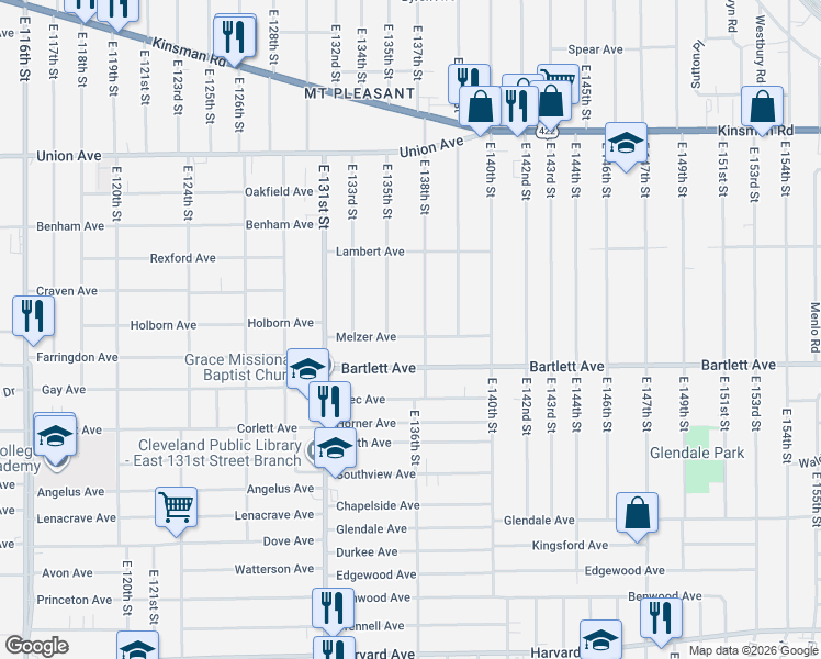 map of restaurants, bars, coffee shops, grocery stores, and more near 13605 Melzer Avenue in Cleveland