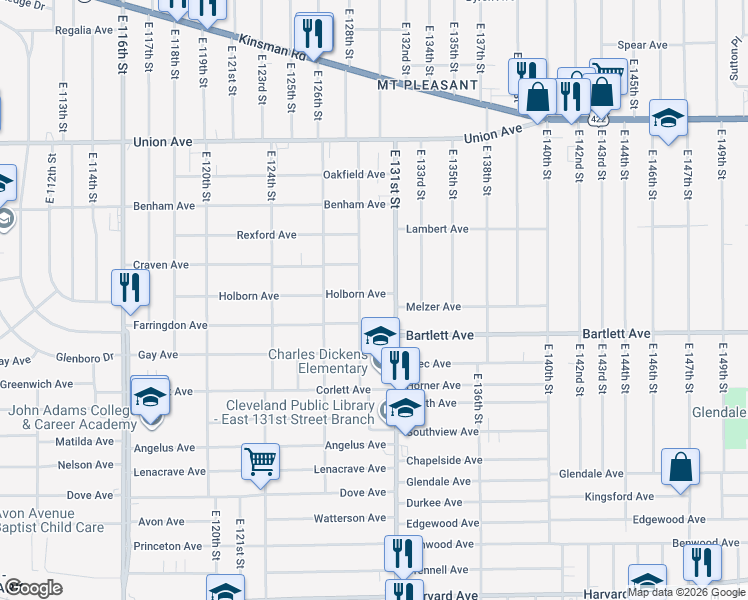 map of restaurants, bars, coffee shops, grocery stores, and more near 12900 Holborn Avenue in Cleveland