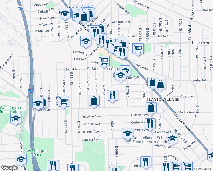 map of restaurants, bars, coffee shops, grocery stores, and more near 3672 East 63rd Street in Cleveland