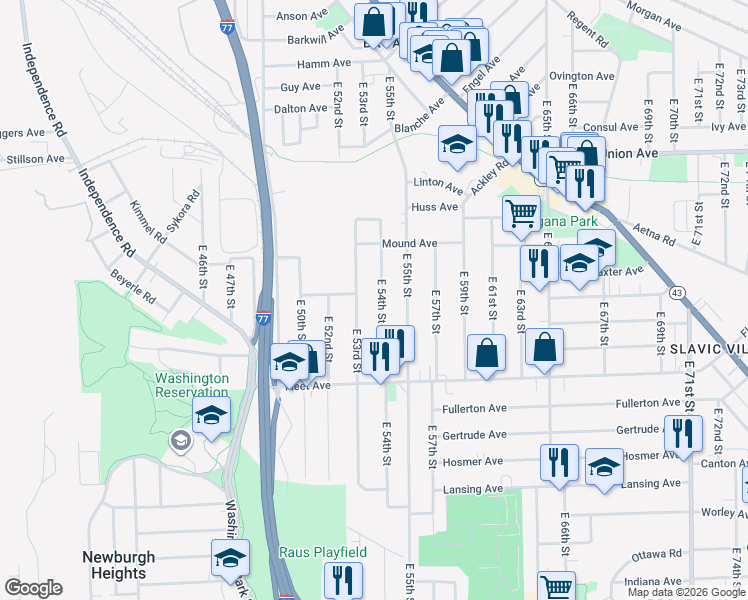 map of restaurants, bars, coffee shops, grocery stores, and more near 3666 East 54th Street in Cleveland