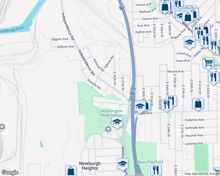 map of restaurants, bars, coffee shops, grocery stores, and more near 3628 Independence Road in Cleveland
