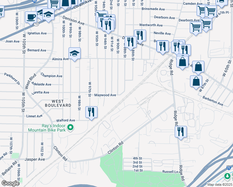 map of restaurants, bars, coffee shops, grocery stores, and more near 3493 West 90th Street in Cleveland