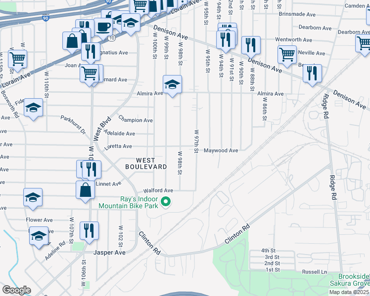 map of restaurants, bars, coffee shops, grocery stores, and more near 9705 Loretta Avenue in Cleveland