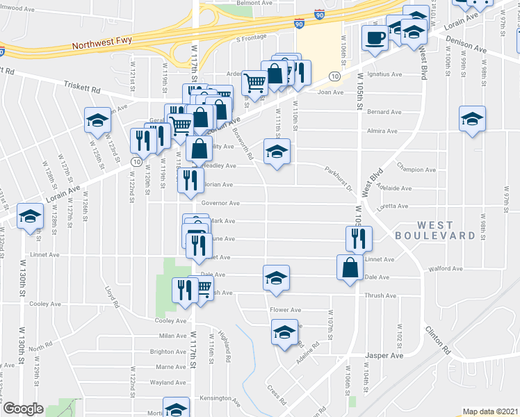 map of restaurants, bars, coffee shops, grocery stores, and more near 3452 Bosworth Road in Cleveland
