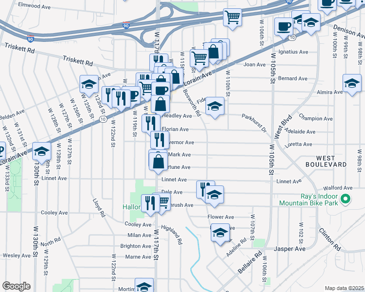 map of restaurants, bars, coffee shops, grocery stores, and more near 11405 Governor Avenue in Cleveland