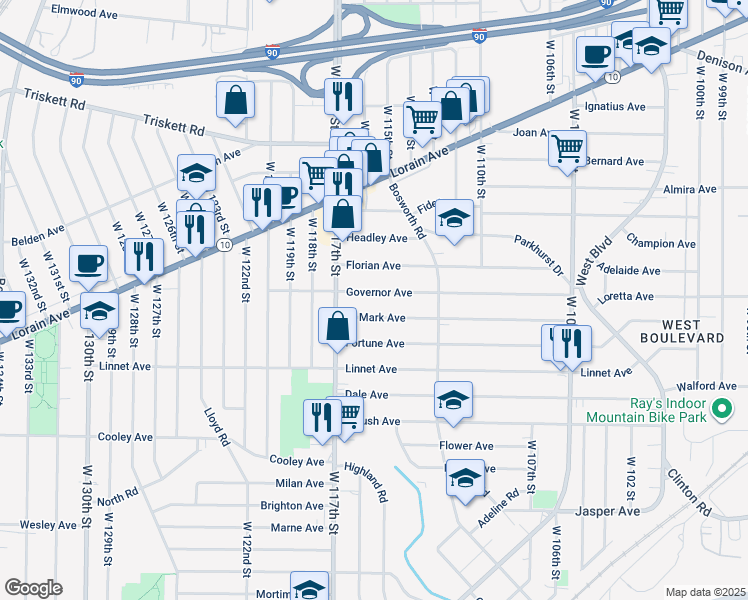 map of restaurants, bars, coffee shops, grocery stores, and more near 11521 Governor Avenue in Cleveland
