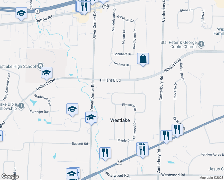 map of restaurants, bars, coffee shops, grocery stores, and more near 27040 Sleepy Hollow Drive in Westlake