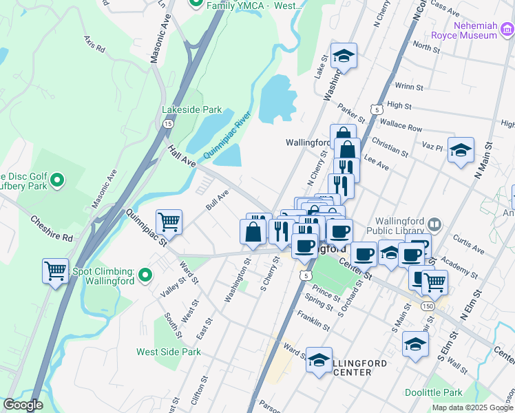map of restaurants, bars, coffee shops, grocery stores, and more near 196 Hall Avenue in Wallingford